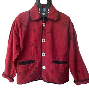 Venus Imports Women’s XL Dragonfly Print Burgundy Red Car Coat Jacket Eclectic